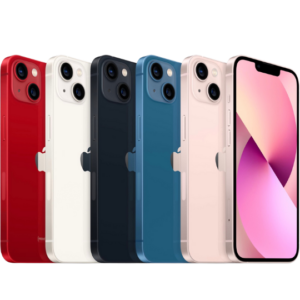 5 different-colors iPhone 13 arranged next to each other horizontally