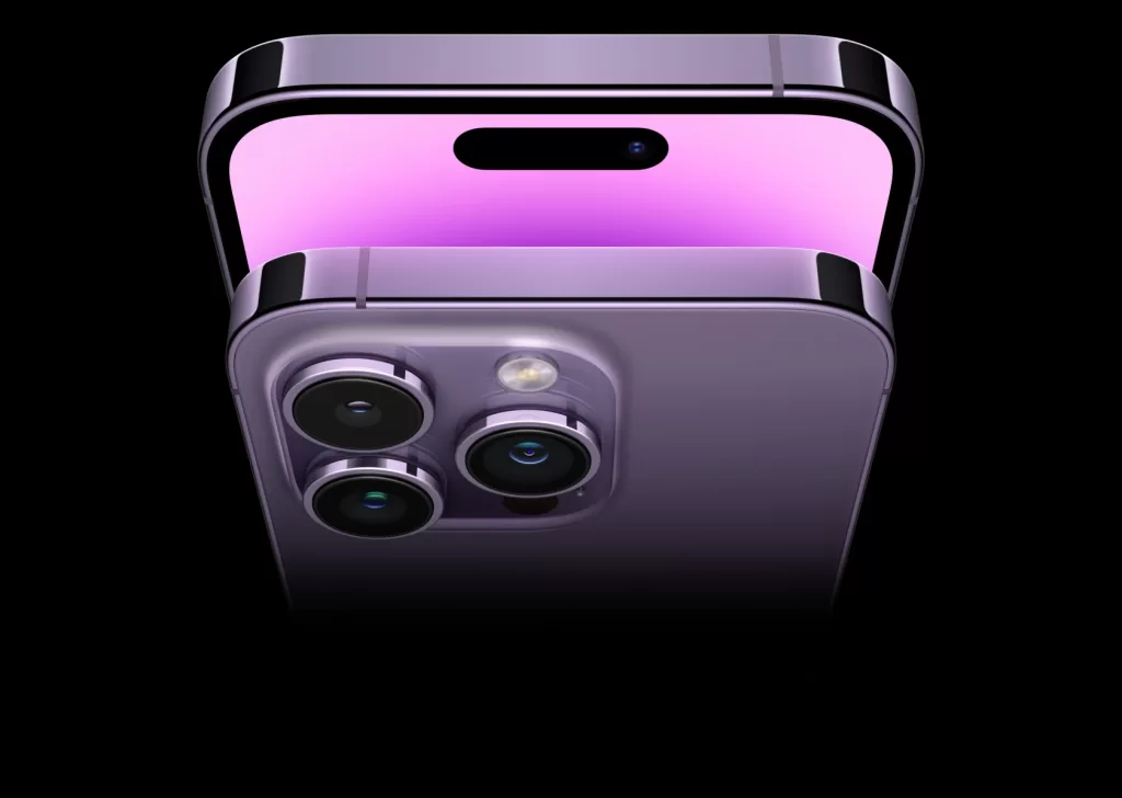 The photo of an iPhone 14 Pro Max in Deep Purple, top view.
