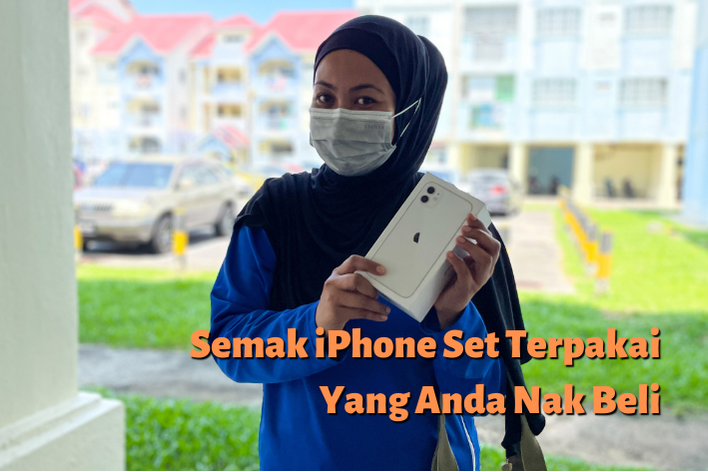 Gambar pelanggan Taliponiesta yang COD iPhone, dengan caption: Semak iPhone Set Terpakai Yang Anda Nak Beli