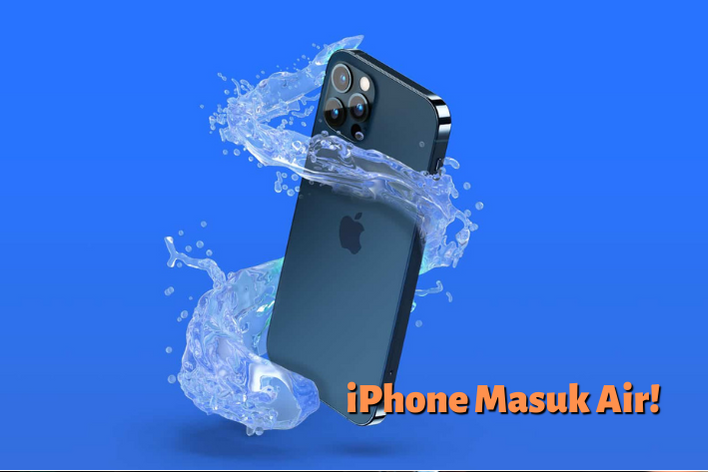 Gambar iPhone yang dikelilingi air, dengan caption: iPhone Masuk Air!