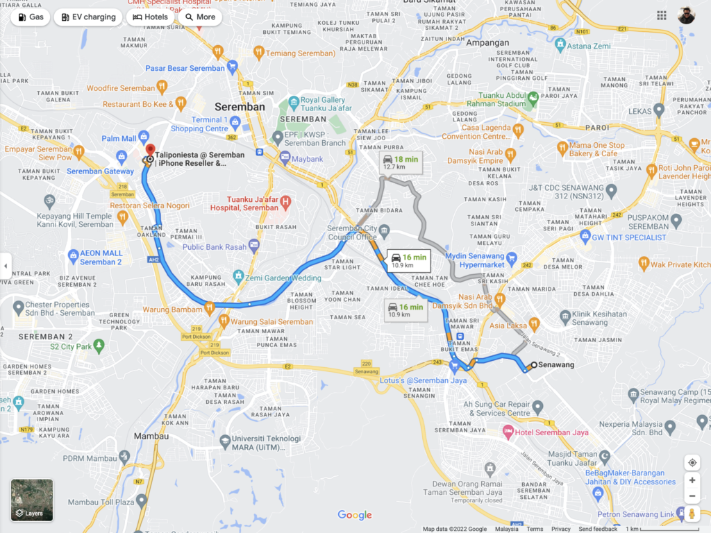Dari Senawang ke Taliponiesta Seremban, peta menggunakan Google Maps