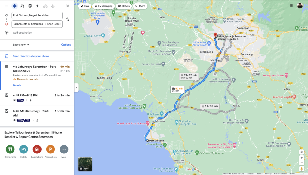 Lokasi Taliponiesta dari Port Dickson hanya dibezakan dengan 40 minit driving time sahaja