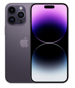 Photo of iPhone 14 Pro Max in Deep Purple, front view and back view, position next to each other